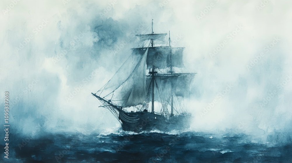 Sailing Ship Emerging From Misty Ocean Waters Sailing Ship Emerging From Misty Ocean Waters