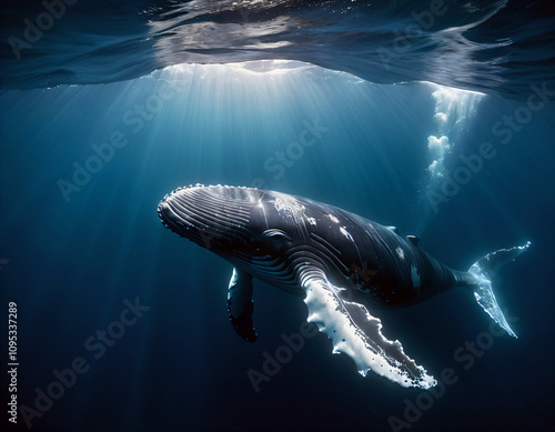 A huge whale floats in the depths of the ocean. photo