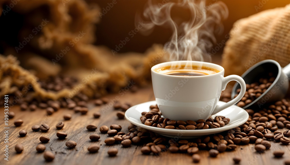 Obraz premium Dark Roast Coffee with Rich Aroma and Steam, Espresso Cup with Coffee Beans on a Dark Background