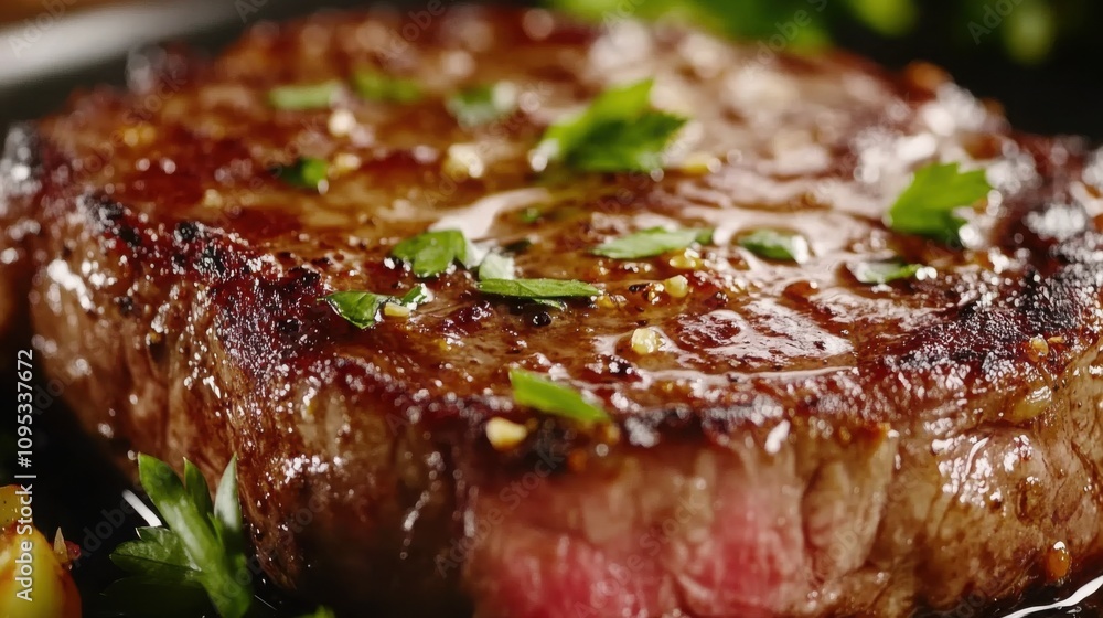 steak with a crispy golden crust and juicy pink center, resting on a warm plate steak with a crispy golden crust and juicy pink center, resting on a warm plate