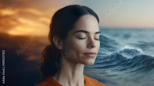 A serene woman meditating, blended with an image of a calm ocean, representing mental fortitude. Double Exposure. [Women]:[Strength].  photo