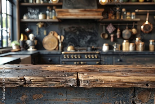 Wooden Table for Product Display with Blurred Kitchen Background