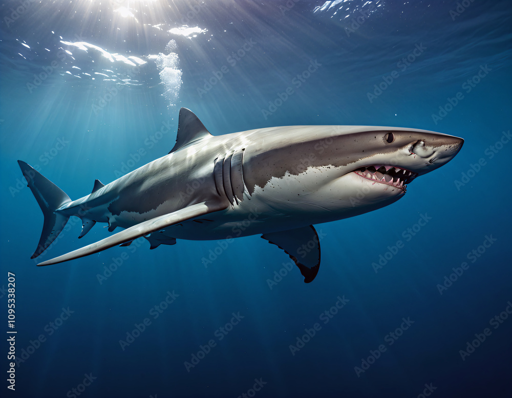 A huge shark swims in the depths of the ocean. A huge shark swims in the depths of the ocean.