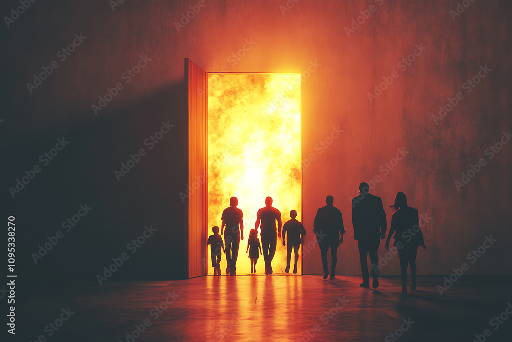 Fototapeta premium Figures emerge through a blazing doorway, symbolizing a journey from darkness to light in a surreal setting