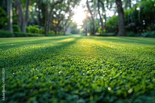 Spring Scene with Lawn and Trees in Beautifully Blurred Nature Background