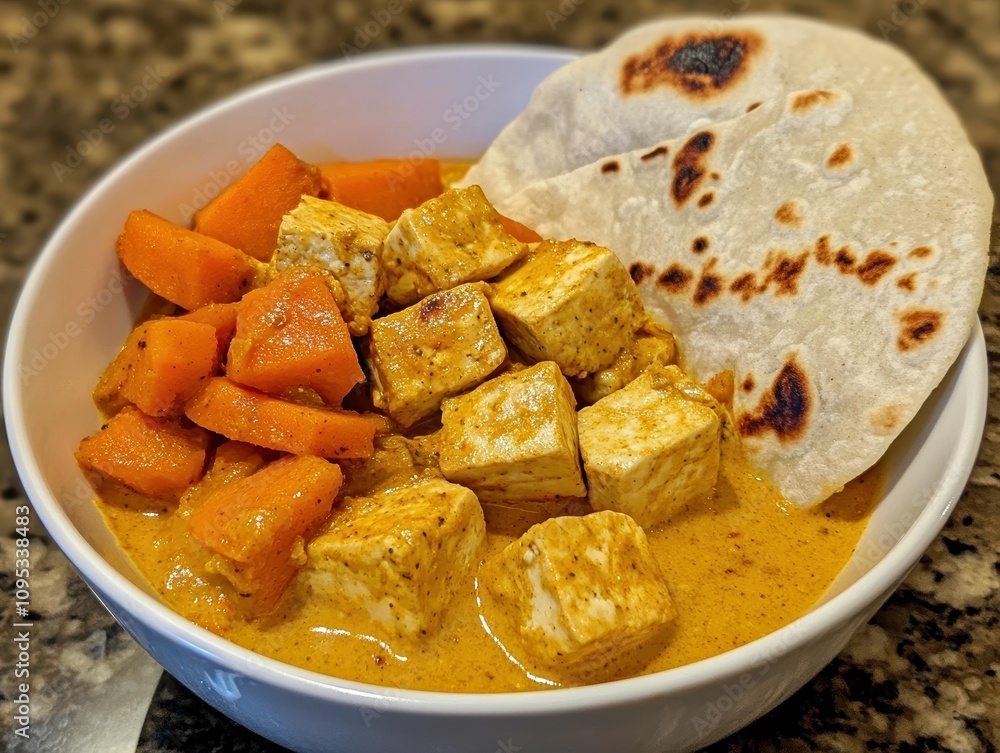 Delicious Vegan Thai Yellow Curry Bowl with Sweet Carrots, Tofu, and Soft Flatbread on a Vibrant Marble Countertop Delicious Vegan Thai Yellow Curry Bowl with Sweet Carrots, Tofu, and Soft Flatbread on a Vibrant Marble Countertop