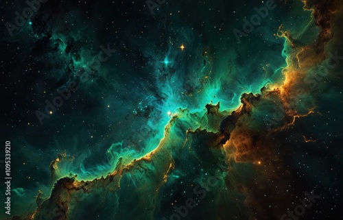 Background with space nebula in black and green tones. Emerald universe, endless space