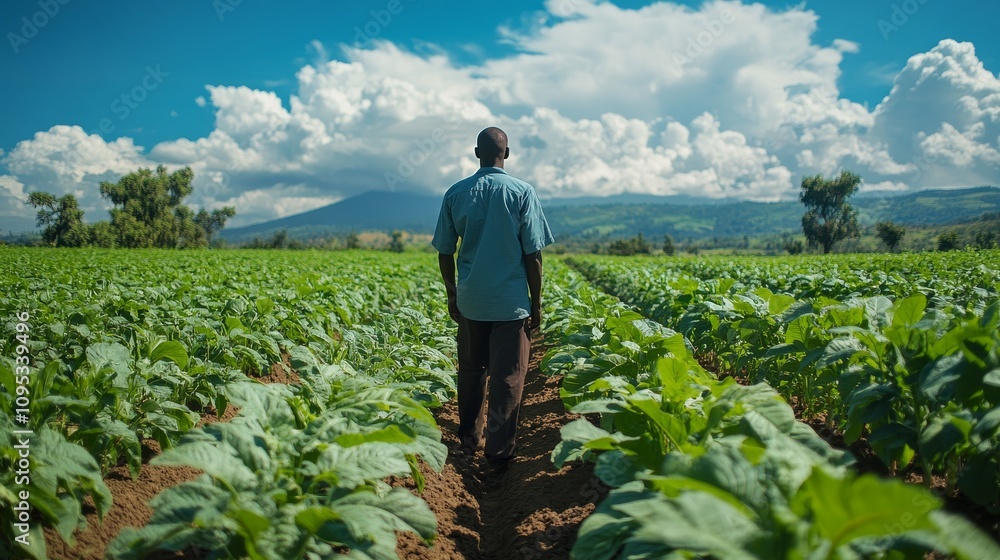 Man Walking Through Lush Green Field Under Blue Sky Man Walking Through Lush Green Field Under Blue Sky