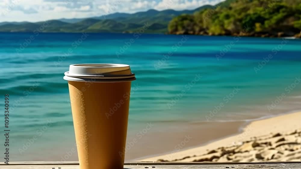 Cup of coffee is sitting on the beach next to the ocean. The scene is peaceful and relaxing, with the sound of waves crashing in the background. The cup is the only object in the image Cup of coffee is sitting on the beach next to the ocean. The scene is peaceful and relaxing, with the sound of waves crashing in the background. The cup is the only object in the image