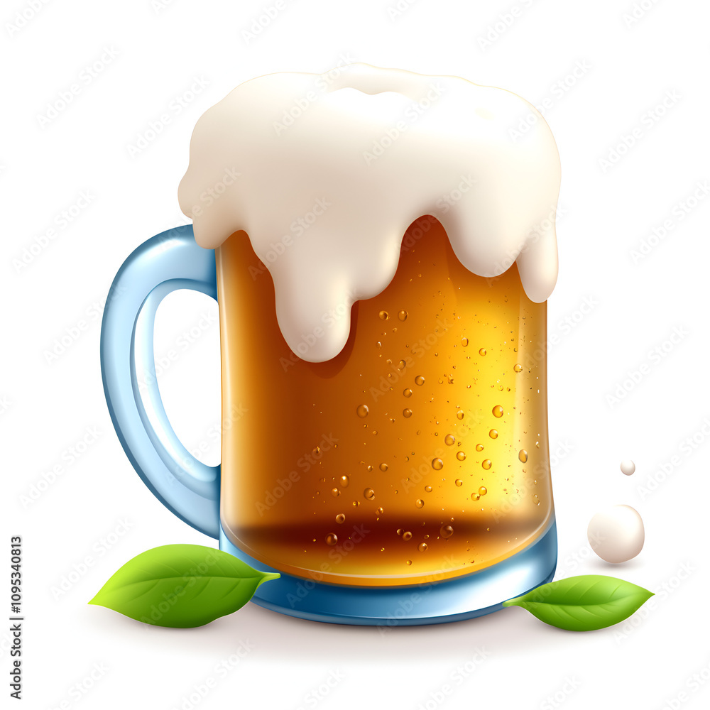 Refreshing cold beer in a frosty mug with foam and green leaves on a white background Refreshing cold beer in a frosty mug with foam and green leaves on a white background