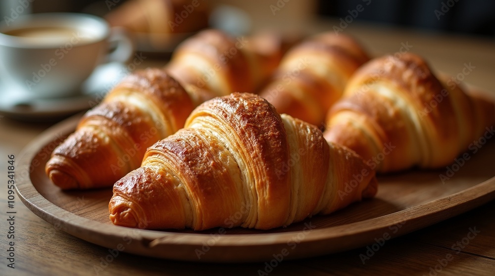 A wooden platter with freshly baked croissants, accompanied by a cup of coffee in the background, creating a cozy breakfast scene. A wooden platter with freshly baked croissants, accompanied by a cup of coffee in the background, creating a cozy breakfast scene.