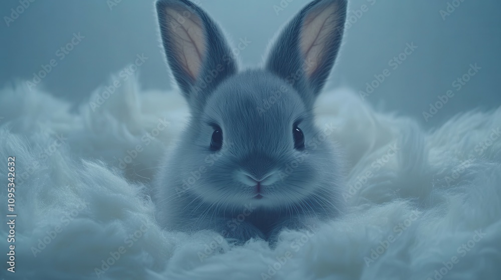 A small grey bunny is nestled comfortably in a fluffy white material, surrounded by a calm, dimly lit atmosphere, creating a peaceful and adorable setting A small grey bunny is nestled comfortably in a fluffy white material, surrounded by a calm, dimly lit atmosphere, creating a peaceful and adorable setting