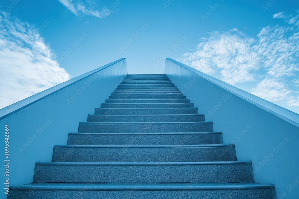 Stairway leads to the sky under blue clouds in a tranquil outdoor setting Stairway leads to the sky under blue clouds in a tranquil outdoor setting
