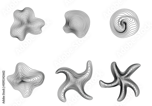 Dynamic amorphous line shapes, abstract fluid forms, liquid shapes made of lines with blend effect. Vector modern design elements.