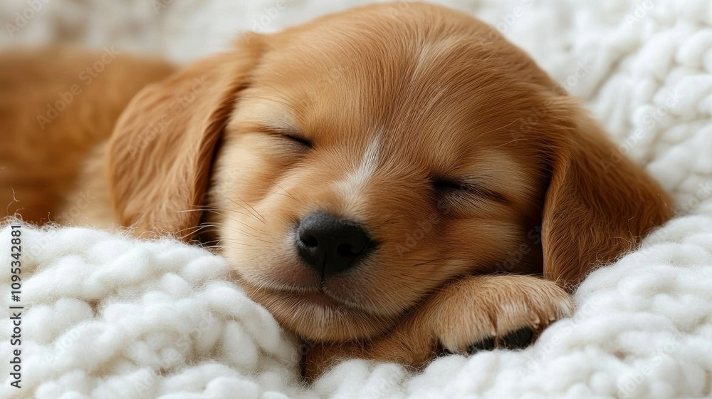 A golden retriever puppy lies asleep on a soft, white blanket, its eyes closed and paws tucked under. The atmosphere is calm, creating a warm and comforting scene A golden retriever puppy lies asleep on a soft, white blanket, its eyes closed and paws tucked under. The atmosphere is calm, creating a warm and comforting scene
