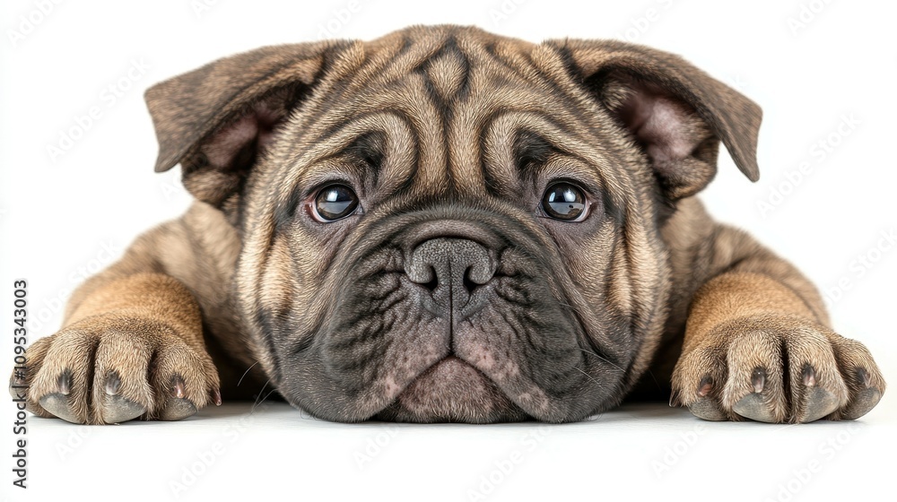 A young shar pei puppy lies comfortably on a smooth surface, displaying its wrinkled skin and big, expressive eyes. The puppy looks serene and adorable as it rests A young shar pei puppy lies comfortably on a smooth surface, displaying its wrinkled skin and big, expressive eyes. The puppy looks serene and adorable as it rests