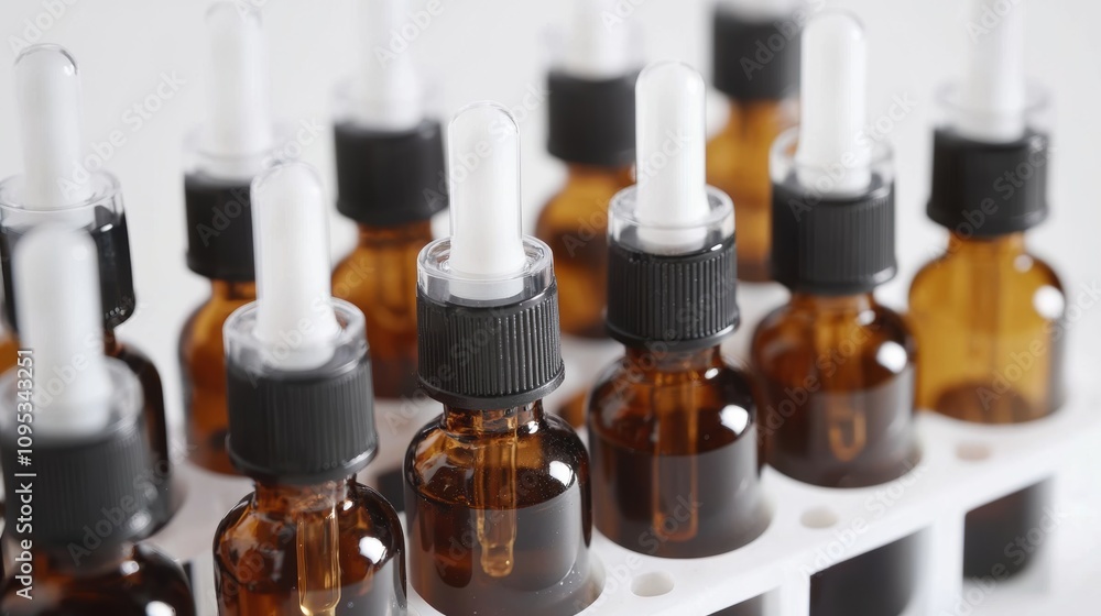 Close-up of amber dropper bottles and vials neatly arranged in a black tray, highlighting the pipettes and detailed labels, creating a clean and professional laboratory or cosmetic display. Close-up of amber dropper bottles and vials neatly arranged in a black tray, highlighting the pipettes and detailed labels, creating a clean and professional laboratory or cosmetic display.