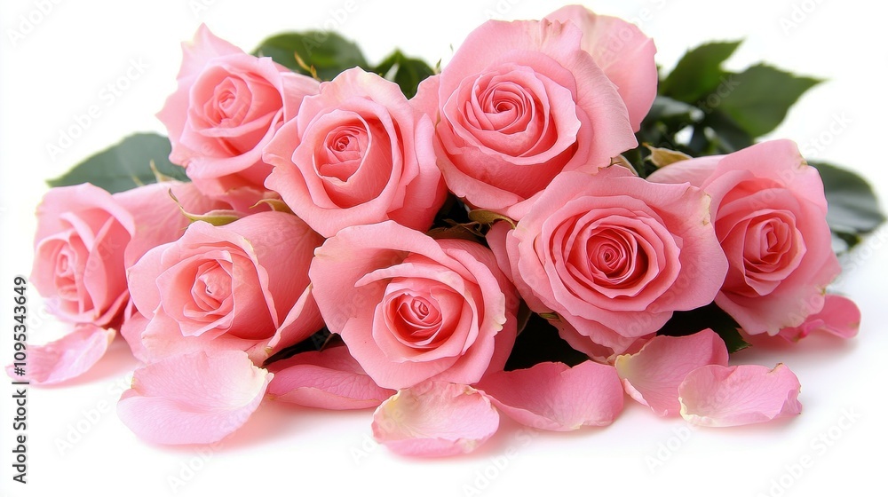 A bouquet of pink roses rests gracefully, featuring fresh blooms and scattered petals. The arrangement highlights the natural beauty of the flowers against a clean backdrop A bouquet of pink roses rests gracefully, featuring fresh blooms and scattered petals. The arrangement highlights the natural beauty of the flowers against a clean backdrop