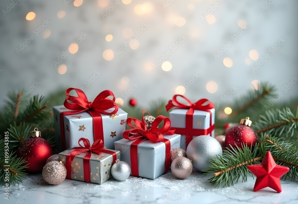 Christmas and New Year holiday background. Xmas greeting card. Christmas gifts on white marble background. Copy Space. Christmas and New Year holiday background. Xmas greeting card. Christmas gifts on white marble background. Copy Space.