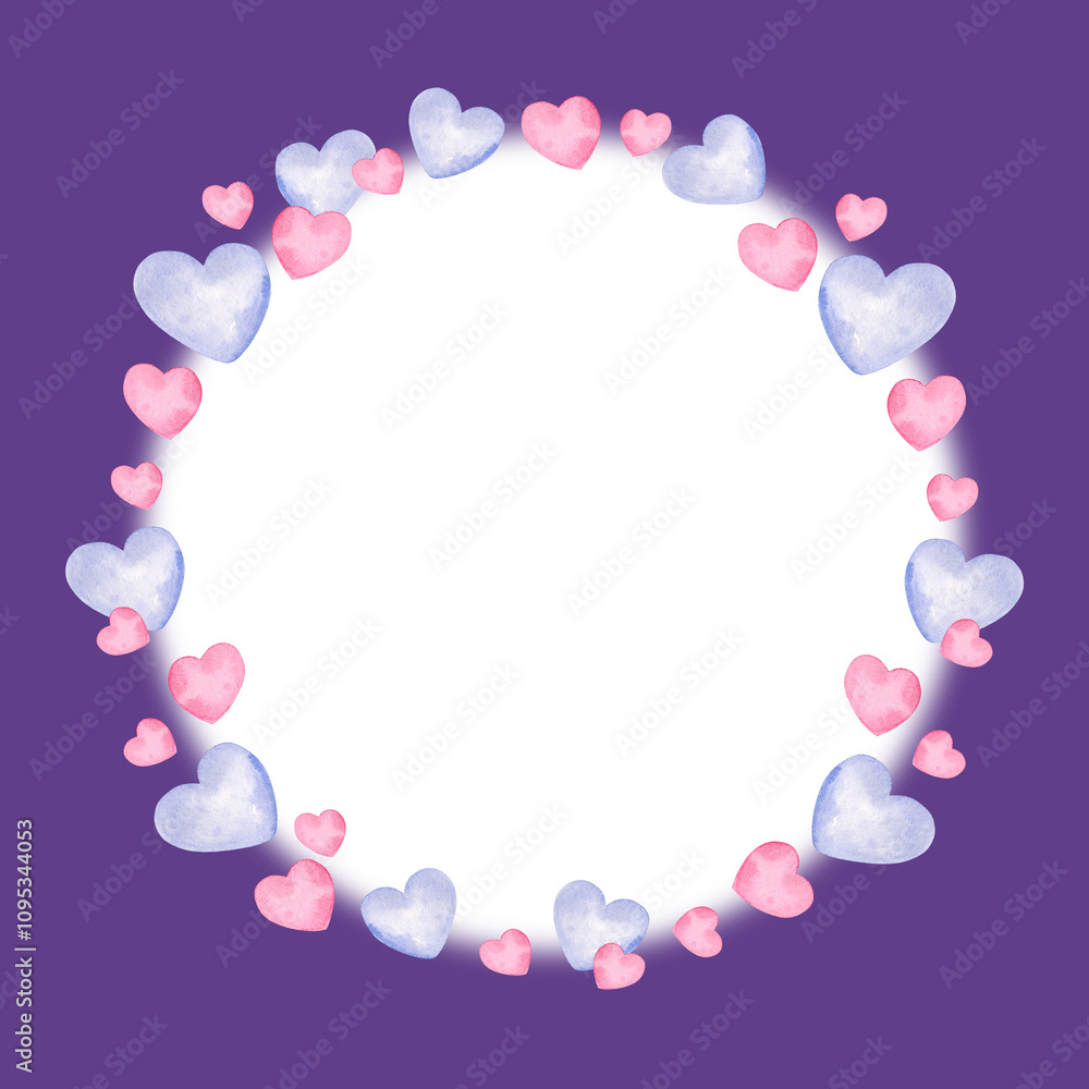 watercolor white round frame with heart to Valentine day theme, hand draw illustration of wreath, pink and lilac color border on violet background watercolor white round frame with heart to Valentine day theme, hand draw illustration of wreath, pink and lilac color border on violet background