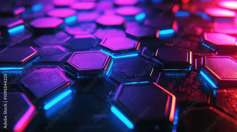 Glowing hexagonal tiles in vibrant colors illuminate a dark surface, creating an eye-catching pattern. The lighting highlights the reflective surfaces, adding depth and intrigue Glowing hexagonal tiles in vibrant colors illuminate a dark surface, creating an eye-catching pattern. The lighting highlights the reflective surfaces, adding depth and intrigue