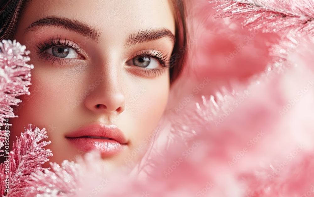 a close-up portrait of beautiful woman on pink christmas background a close-up portrait of beautiful woman on pink christmas background