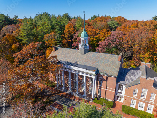 Weston Town Hall aerial view at Lanson Park in fall with foliage in historic town center of Weston, Massachusetts MA, USA.   photo