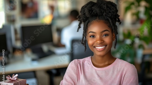 A young woman with curly hair smiles warmly while seated in a modern office. A gift is placed on her desk, adding a festive touch to her cheerful demeanor