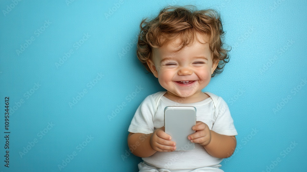 A cheerful toddler with curly hair sits against a bright blue backdrop, grinning widely while holding a smartphone. The vibrant setting captures a joyful moment of childhood A cheerful toddler with curly hair sits against a bright blue backdrop, grinning widely while holding a smartphone. The vibrant setting captures a joyful moment of childhood