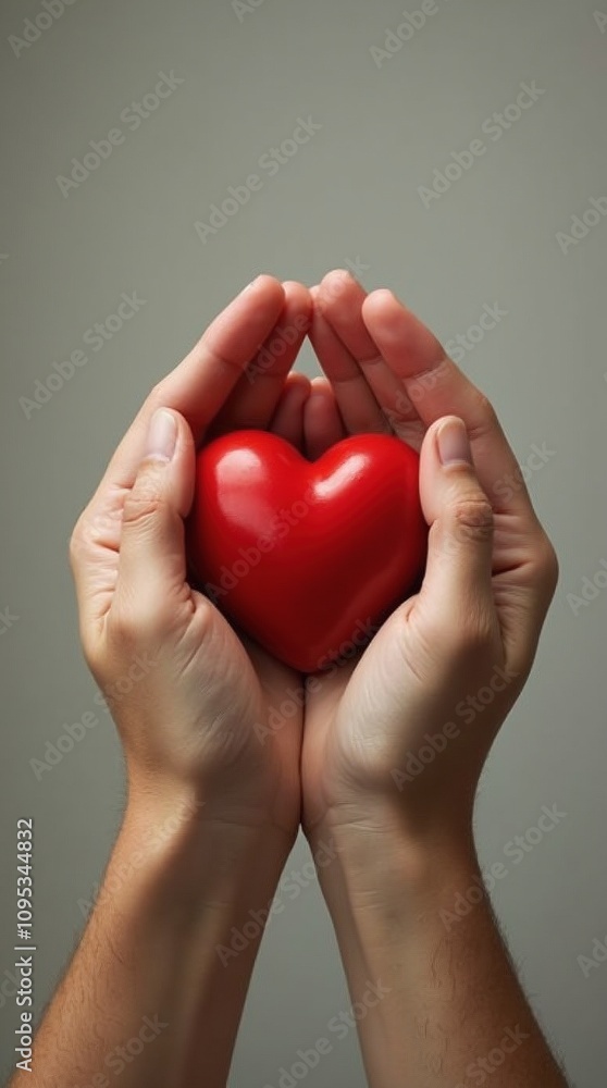 Two hands gently holding a red heart-shaped object against a neutral background, symbolizing love and care. Two hands gently holding a red heart-shaped object against a neutral background, symbolizing love and care.