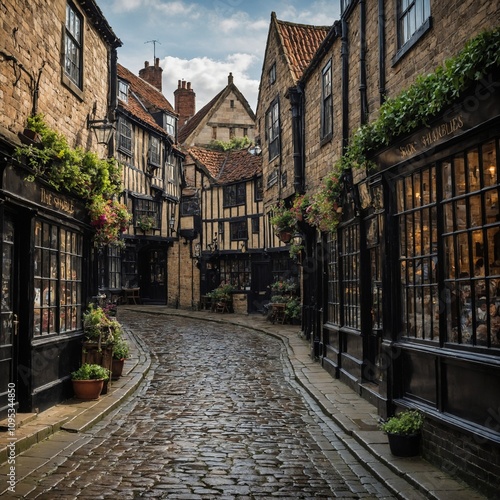 The Shambles in York, England, with its medieval architecture and cobblestone streets.