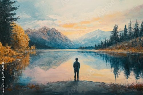 Solitary figure admires serene mountain lake sunset.