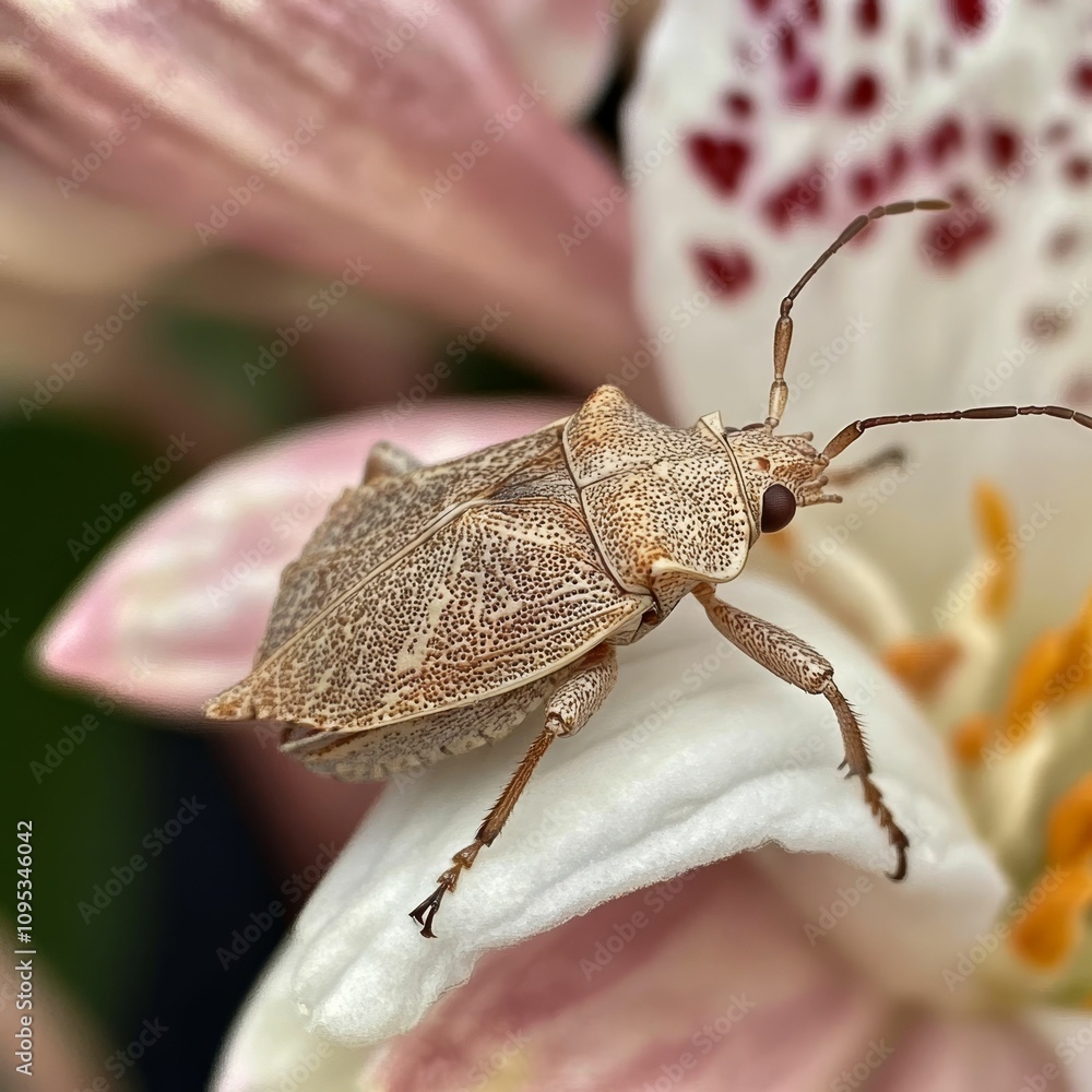 Beige insect perched on lily, detailed texture. Beige insect perched on lily, detailed texture.
