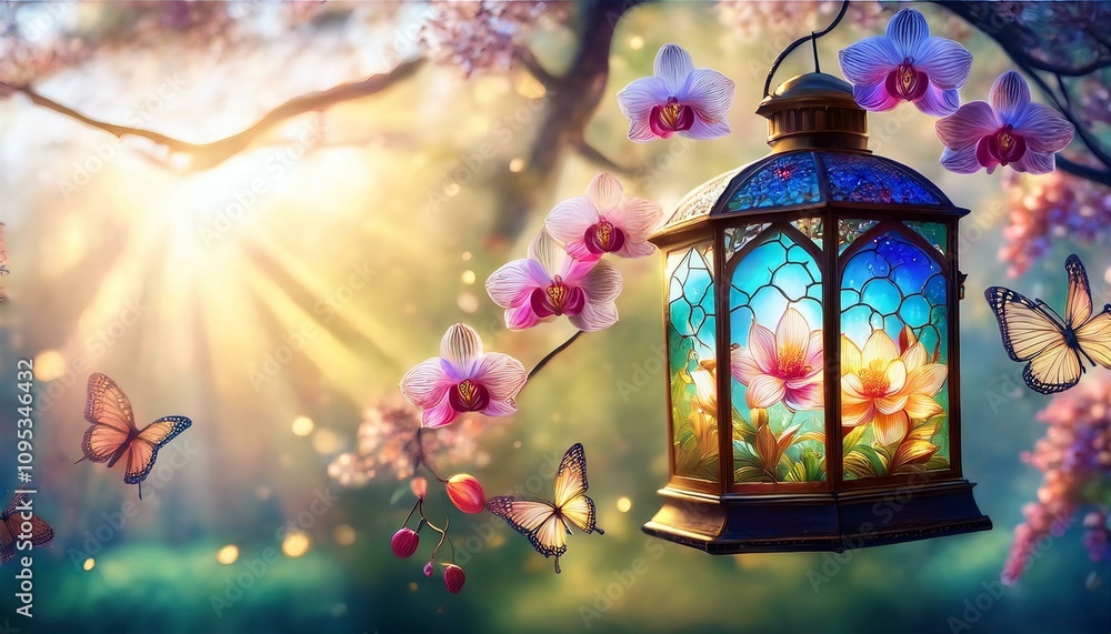 A whimsical scene of a stained-glass lantern hanging from a tree branch adorned with pink orchids and fluttering butterflies. Sunlight streams through the leaves, creating a magical atmosphere. A whimsical scene of a stained-glass lantern hanging from a tree branch adorned with pink orchids and fluttering butterflies. Sunlight streams through the leaves, creating a magical atmosphere.