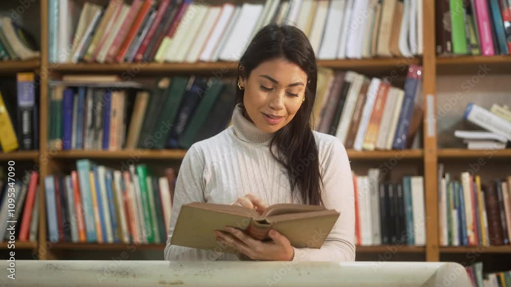 Smiling woman reading an old book while standing in front of shelves in a cozy library. Calm reader enjoying vintage literature in a peaceful bookstore setting. Smiling woman reading an old book while standing in front of shelves in a cozy library. Calm reader enjoying vintage literature in a peaceful bookstore setting.
