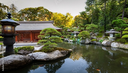 Tranquil Japanese garden scene at sunset, featuring a traditional building