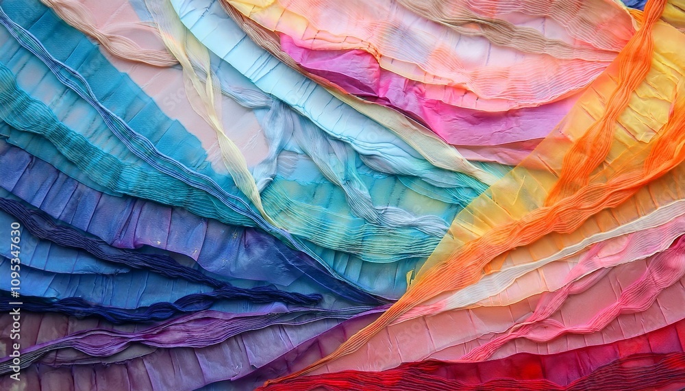 Vibrant rainbow-colored fabric layers create a stunning abstract art piece.