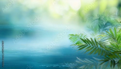 Serene tropical scene: Lush green palm fronds over calm blue water.