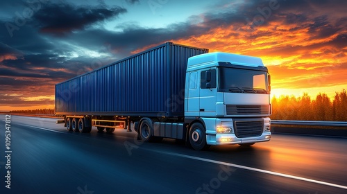A large truck travels along a highway at sunset, pulling a blue container. The colorful sky reflects off the wet road, creating a serene atmosphere