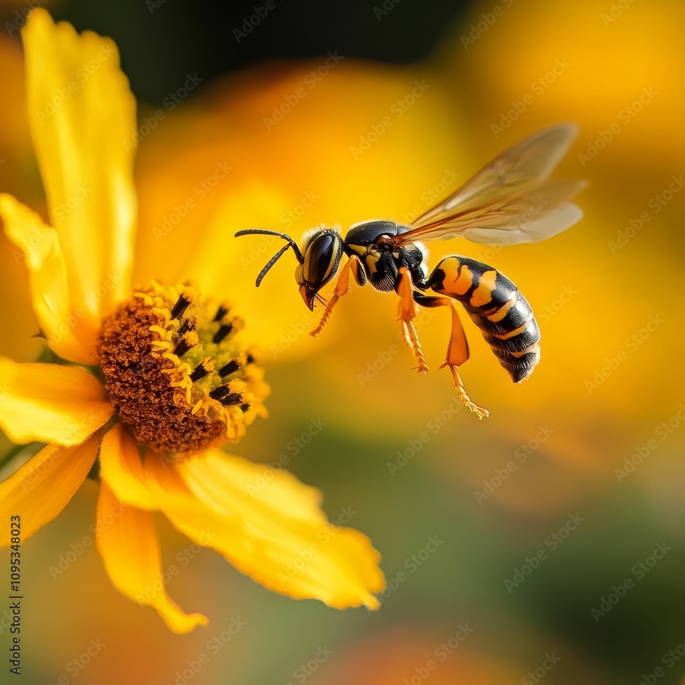 Yellow flower, wasp in flight, pollen. Yellow flower, wasp in flight, pollen.