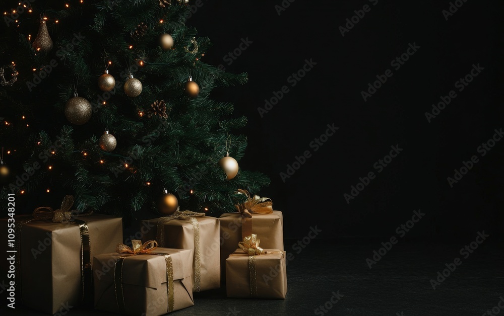 beautiful cozy christmas tree with gifts and decorated garland with lights and ornaments on black christmas background beautiful cozy christmas tree with gifts and decorated garland with lights and ornaments on black christmas background