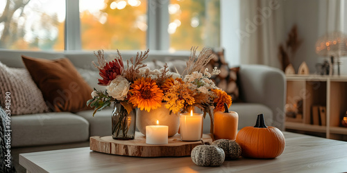 Wallpaper Mural Autumn home decor setup with pumpkins, candles, and cozy flowers in living room. high quality image Torontodigital.ca