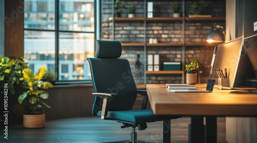 Modern Office Desk with Teal Chair and Desk Lamp