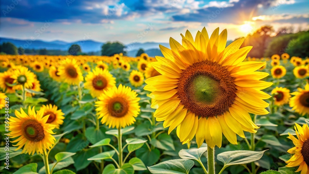 Yellow sunflowers bloom in the field background. generative ai
Yellow sunflowers bloom in the field background. generative ai
