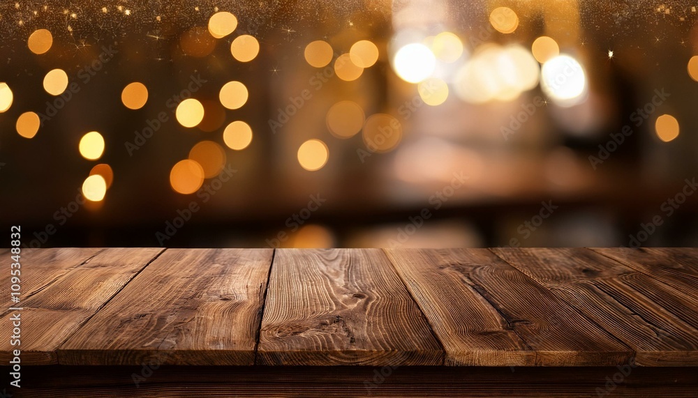 Warm, rustic wooden table against a bokeh background of golden lights. Perfect for product display or holiday themes. Warm, rustic wooden table against a bokeh background of golden lights. Perfect for product display or holiday themes.
