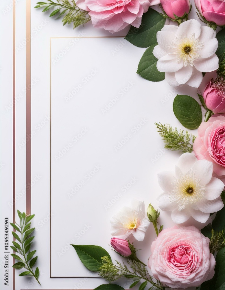 Pink and white flowers arranged around a blank card. Perfect for wedding invitations or other special occasions. Pink and white flowers arranged around a blank card. Perfect for wedding invitations or other special occasions.