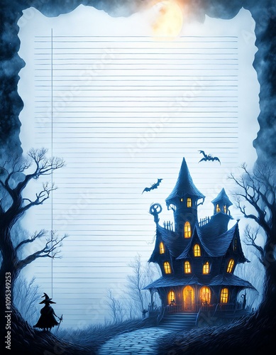 Spooky Halloween stationery featuring a haunted house and witch. photo