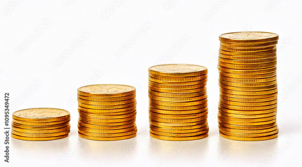 A stack of golden coins, neatly arranged, isolated on a white background A stack of golden coins, neatly arranged, isolated on a white background