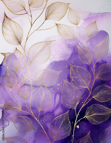 Elegant purple and gold leaf alcohol ink art. photo