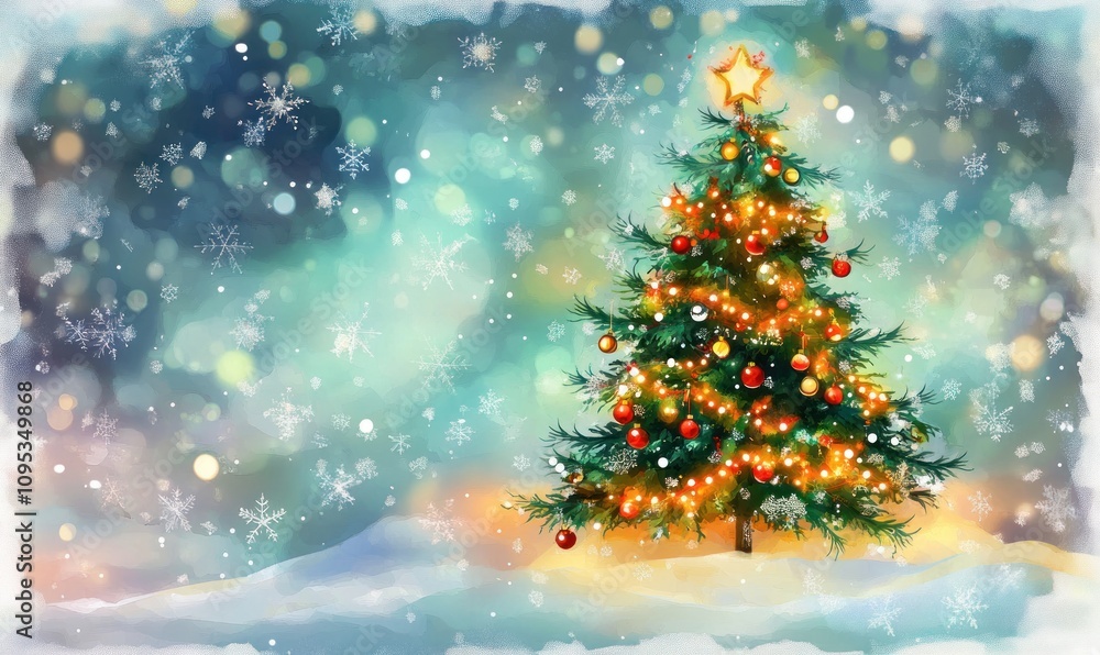 Naklejka premium Decorated Christmas Tree Winter Wonderland Scene